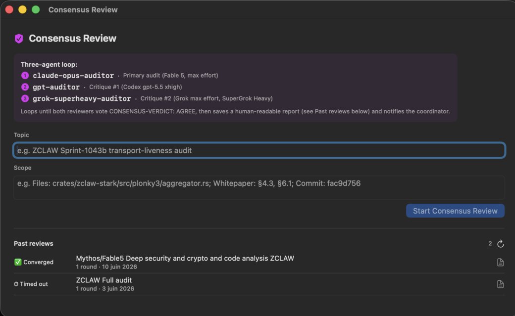 Consensus Review window with a three-agent review loop