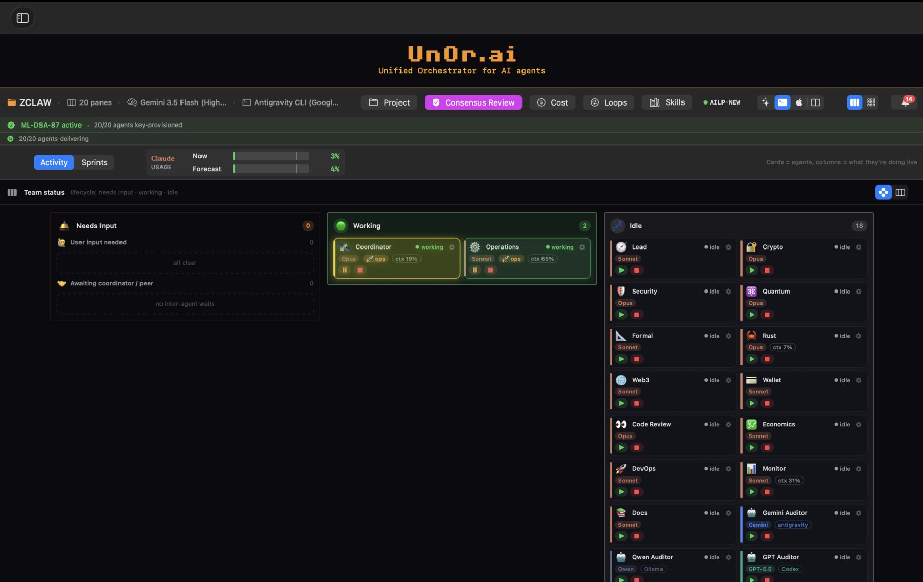 UnOr.ai mission control showing AI agent lanes and live team status